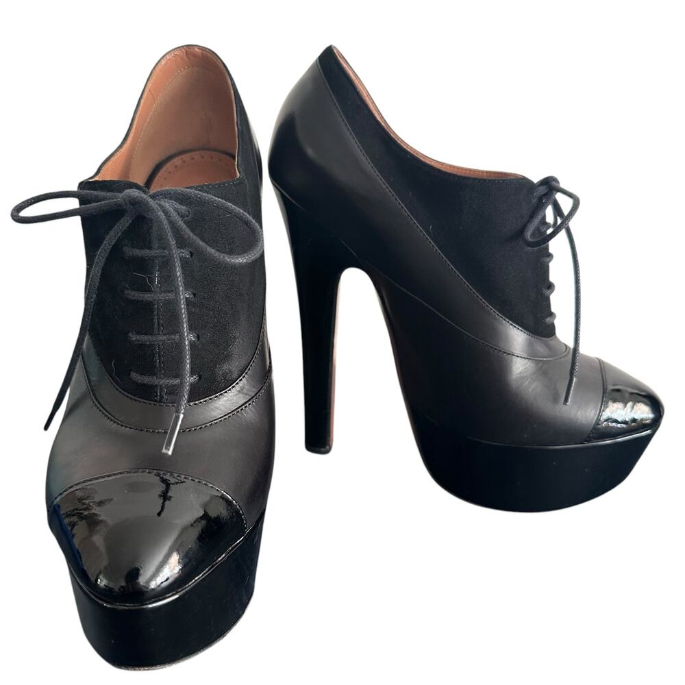 Alaïa Black Leather Oxford Stiletto Ankle Boots Platform EU 38.5 US 8 Posh Spice